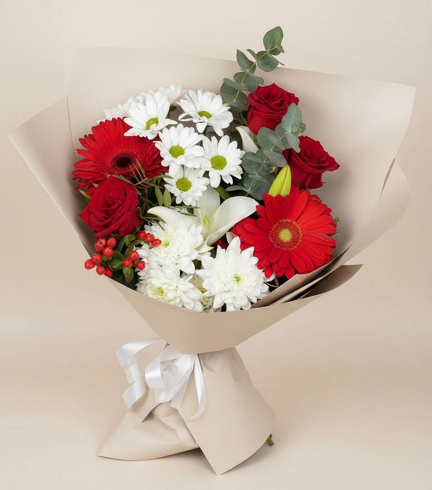 Букет цветов из: Розы, Хризантемы, Герберы и Лилии в Литвиново