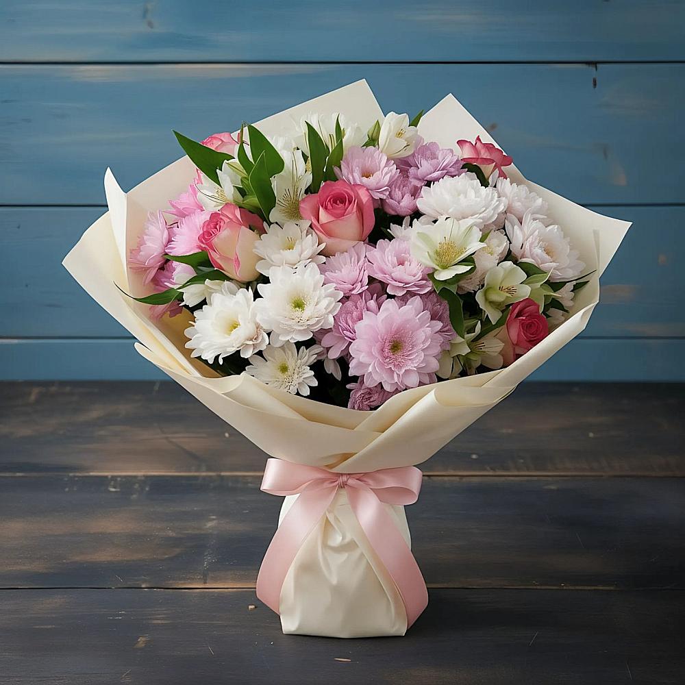 Букет цветов из: Хризантемы, Альстромерии и Розы в Литвиново